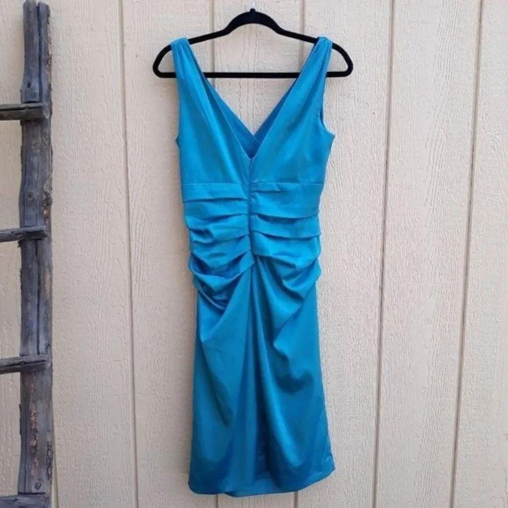 Suzi Chin Dress Y2K Cocktail Ruched Draped Surplice Satin‎ Slip Teal